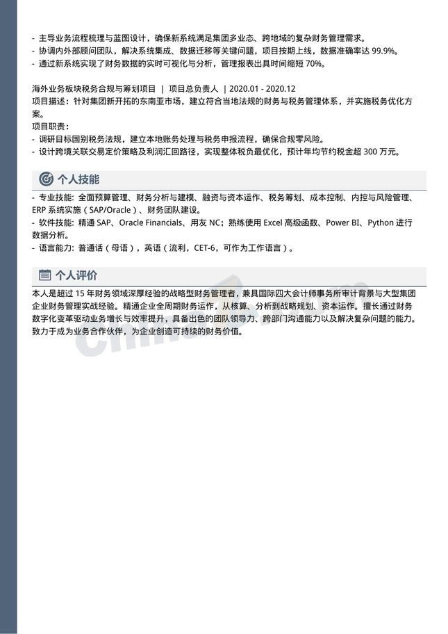 财务总监经理个人简历模板